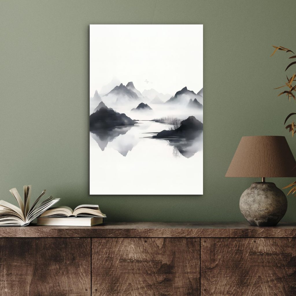 MuchoWow Wanddekoration Metall Metallbild Wandkunst 40x60 cm Berge - Neblig - Wasser - Weiß MuchoWow Aluminium Gemälde - Wanddekoration aus Alumi...