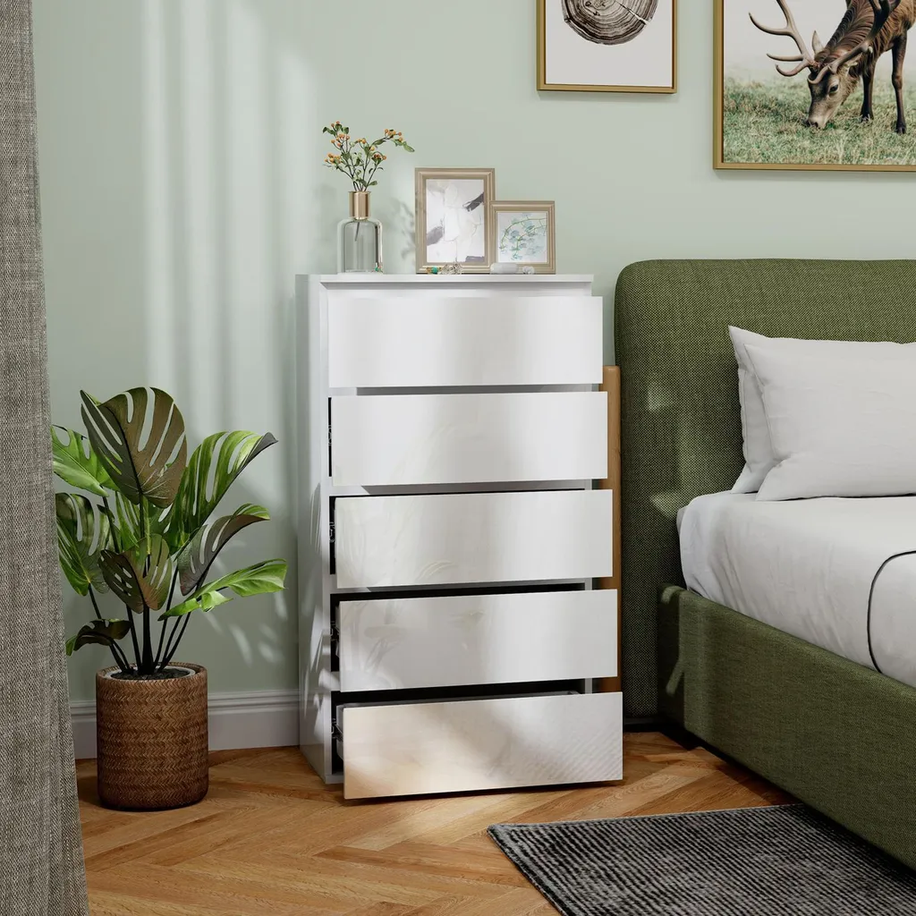 Buffet haut blanc à 5 tiroirs pour rangement bureau et salon modulable - 8