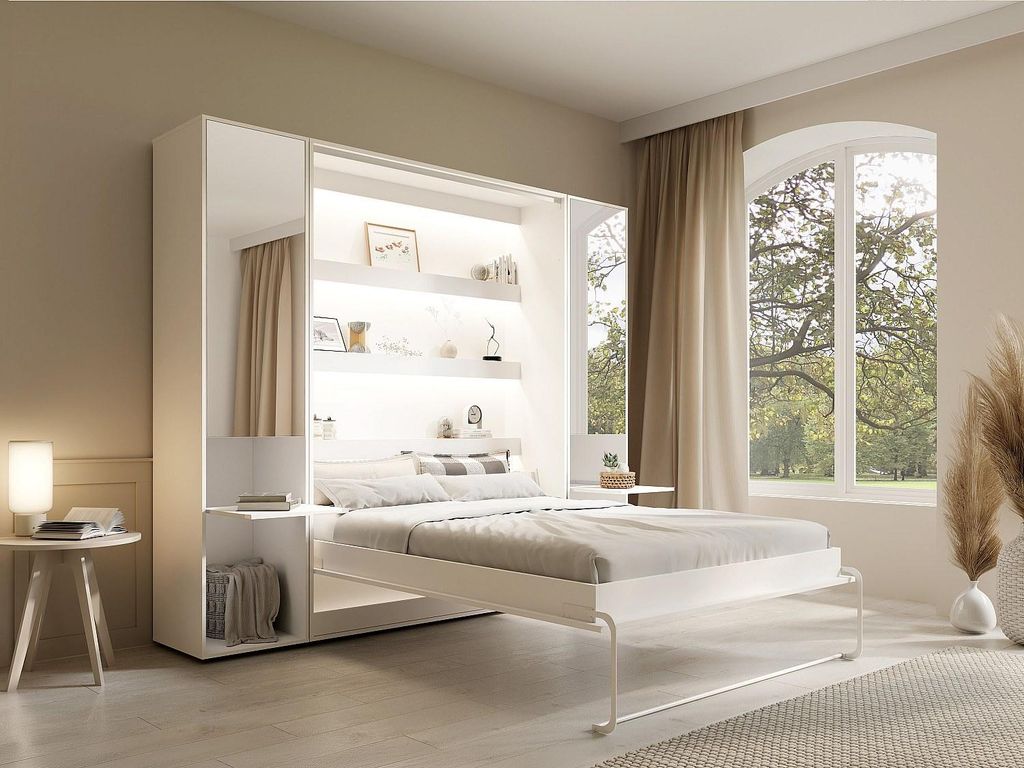 Vertikal im Schrank verstautes Bett 160 x 200 cm – 2 Aufbewahrungssäulen – Mit Spiegeln und LED-Beleuchtung – Weiß – RAPILI