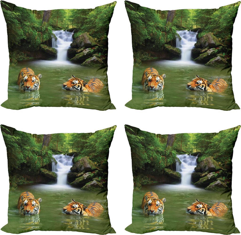 ABAKUHAUS Safari Kissenbezug Set (4 Stück), Sibirische Tiger, Moderner Doppelseitiger Digitaldruck, 60 cm x 60 cm, Reseda, Grün, Orange
