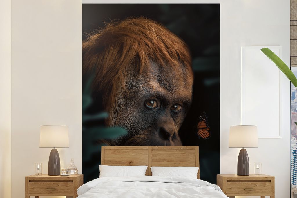 MuchoWow Fototapete für Wohnzimmer oder Schlafzimmer Wandtapete Vinyl Motivtapete Dschungel - Schmetterling - Affe - 160x240 cm - Vinyltapete