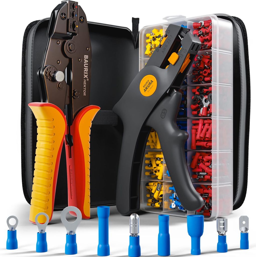 BAURIX Crimpzange Set mit 700 Kabelschuhe und Abisolierzange I Kabelschuhzange für 0,50-6,00 mm² Kabelhülsen I Kabelschuh Zange, Crimpzangen
