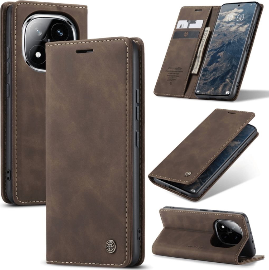 Collage of a brown leather flip case for a smartphone, showing different angles and the phone inside.