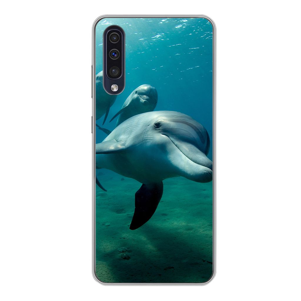 MuchoWow Handyhülle Schutzhülle Hülle für Samsung Galaxy A50 Wasser - Delphin - Blau Silikon Softcase Handy Hülle - Mobiltelefonhülle