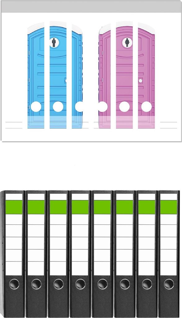 Wallario 8 Stück schmale Ordner inkl. Klebeetiketten mit Motive Klo-Häuschen blau und pink Herren und Damen nebeneinander - Set mit Rückenschil...