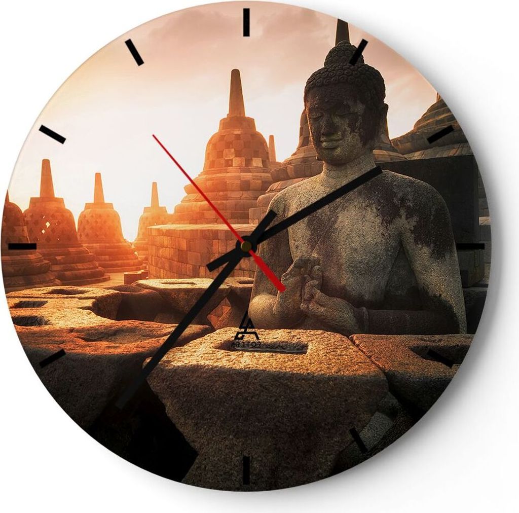 Wanduhr - Rund - Glasuhr - Buddha Glaube Asien - 30x30cm - Schleichendes Uhrwerk - Lautlos - zum Aufhängen bereit - Dekoration Modern - Wanddekora...