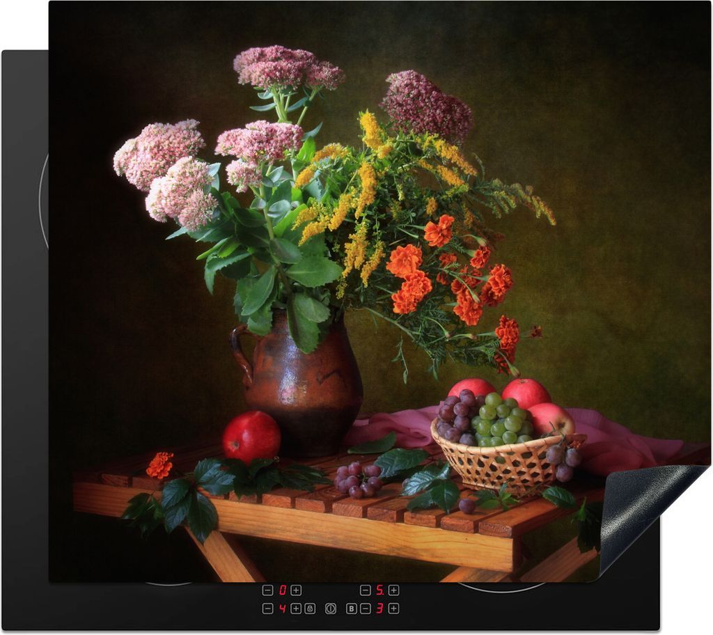 KitchenYeah Herdabdeckplatte Malerei - Stillleben - Obst - Blumen - Tisch - Kunst , 59x51cm, Küche Deko, Glaskeramikfeld Herdabdeckung, Abdeckpl...