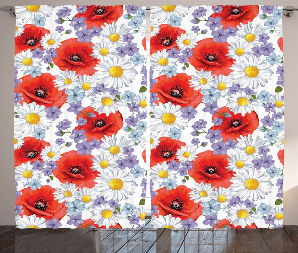 ABAKUHAUS Bunt Rustikaler Vorhang, Poppy und Daisy Blume, Wohnzimmer Universalband Gardinen mit Schlaufen und Haken, 280 x 245 cm, Lavendel Scarlet