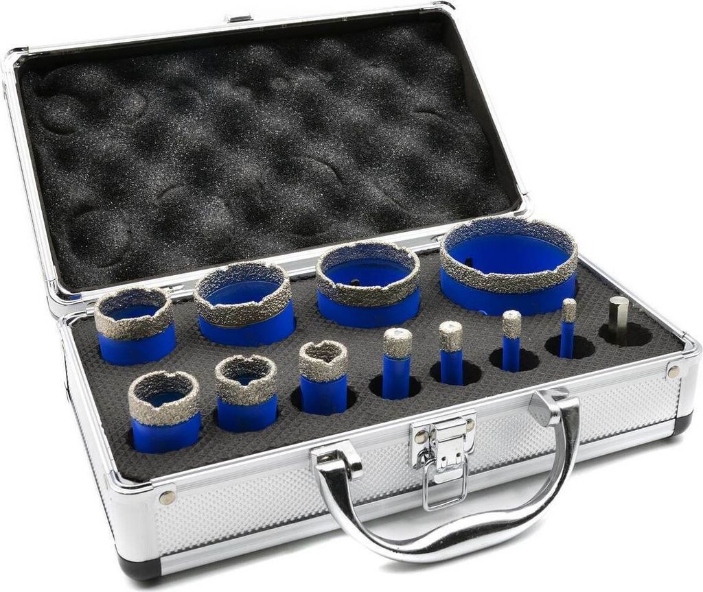 Diamant Lochsägen Set 12 tlg. - für Feinsteinzeug, Keramik, Klinker & Naturstein, 6-68mm, M14 Aufnahme für Winkelschleifer, inkl. Sechskantadapter