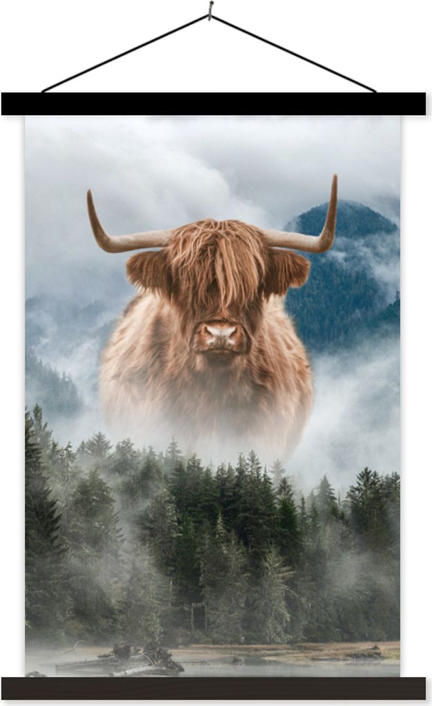 MuchoWow Textilposter Nebel - Schottische Hochlandrind - Berge 40x60 cm mit schwarzem Rahmen - Wanddekorationen