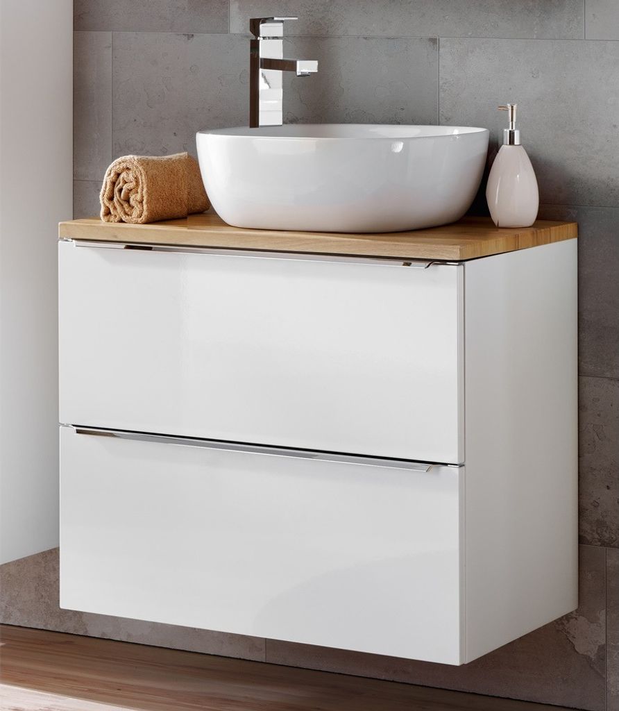 Waschtisch-Unterschrank 60cm mit Keramikbecken TOSKANA-56 in Wotaneiche mit Weiß Hochglanz, B/H/T ca. 61/74,5/46 cm