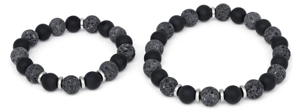 Duo de bracelets homme en pierres naturelles onyx noir et lave volcanique