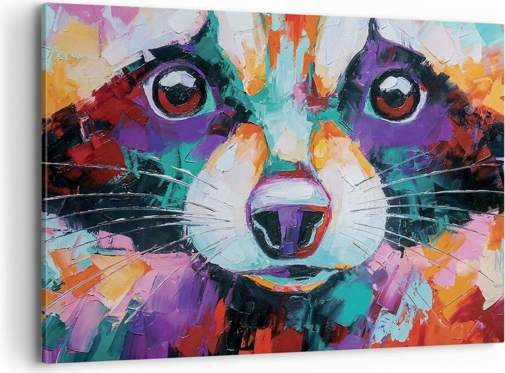 Bild auf Leinwand - Leinwandbild - Einteilig - Waschbär Bunt Öl - 100x70cm - Wand Bild - Wanddeko - Wandbilder - Leinwanddruck - Bilder - Wanddek...