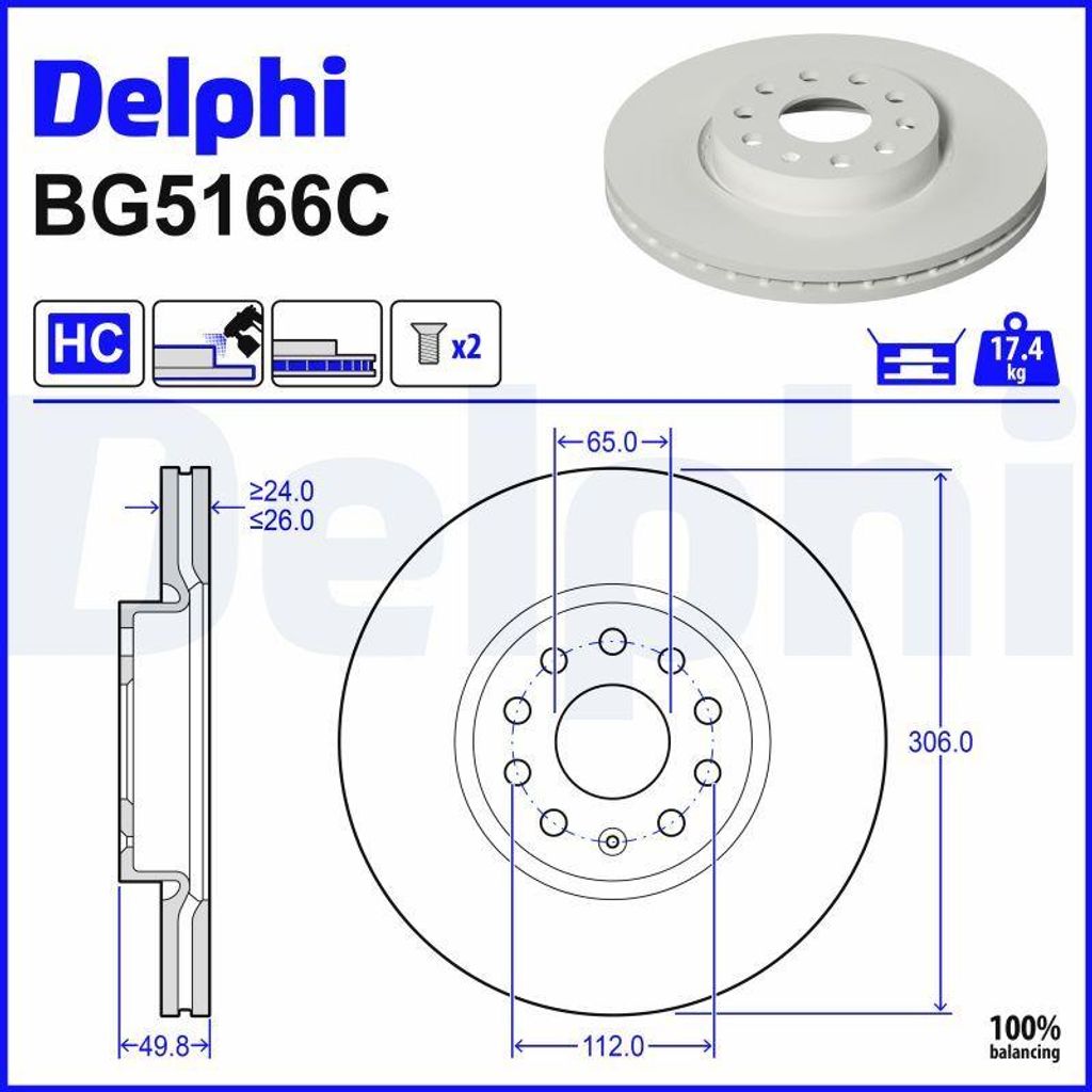 DELPHI Bremsscheibe BG5166C belüftet 306 mm 26 mm 5-Loch