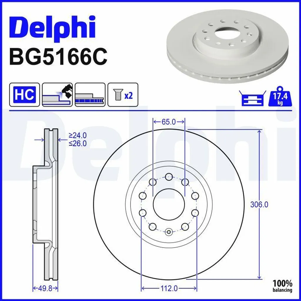 Disque de frein Delphi BG5166C avec traitement anti-corrosion durable