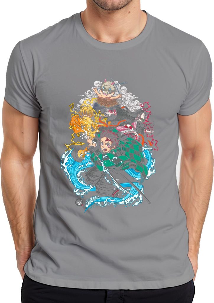 Kimetsu no Yaiba Tanjiro Nezuko Zenitsu Inosuke Anime Geschenk Herren T-Shirt, Grau, M