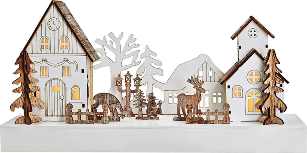 Solight LED-Weihnachtsdorf, 34 x 17 cm, Holz, 4 LEDs, 2 x AA 1V256