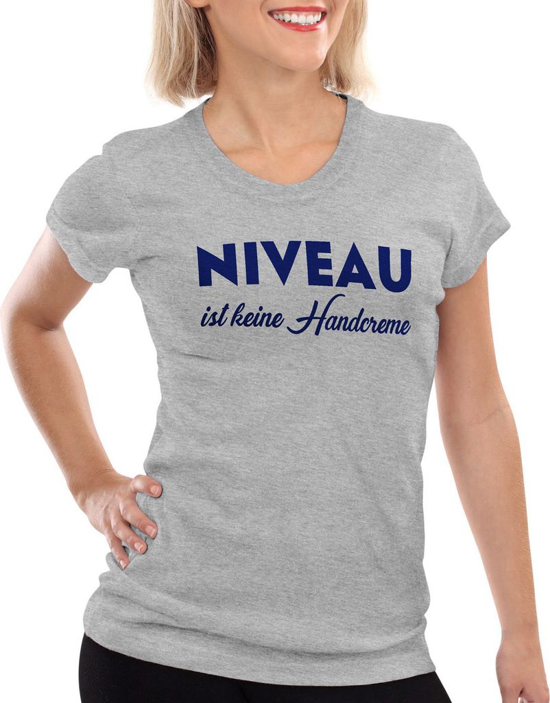 style3 Niveau ist keine Handcreme Damen T-Shirt Creme Funshirt Spruch, Farbe:Grau meliert, Größe:2XL