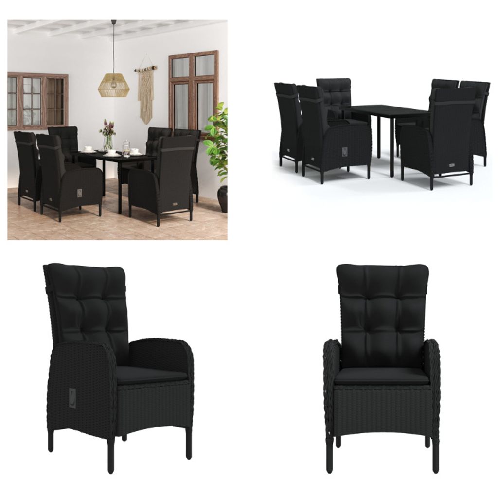 vidaXL 7 tlg. Garten Essgruppe mit Kissen Schwarz - Garten Essgruppe - Garten Essgruppen - Gartenmöbel Set - Garten Möbelset