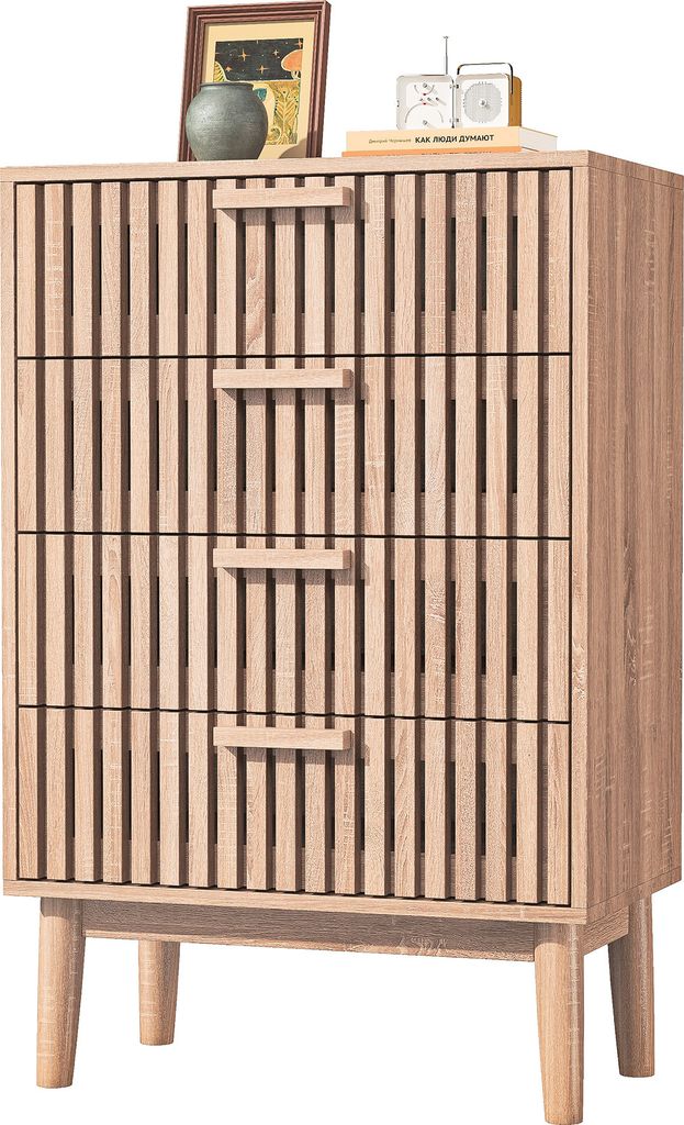 Cassettiera moderna in legno e rattan con 4 cassetti, Immagine del prodotto 