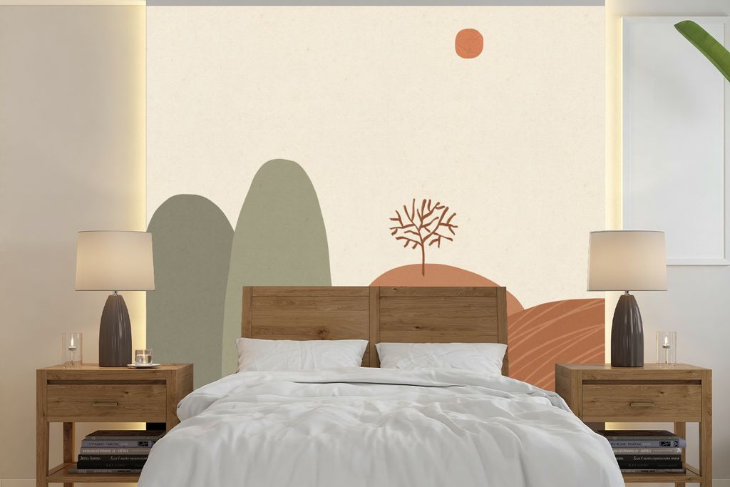 MuchoWow Fototapete für Wohnzimmer oder Schlafzimmer Wandtapete Vinyl Motivtapete Pastell - Berge - Landschaft - Abstrakt - 300x300 cm - Wanddek...