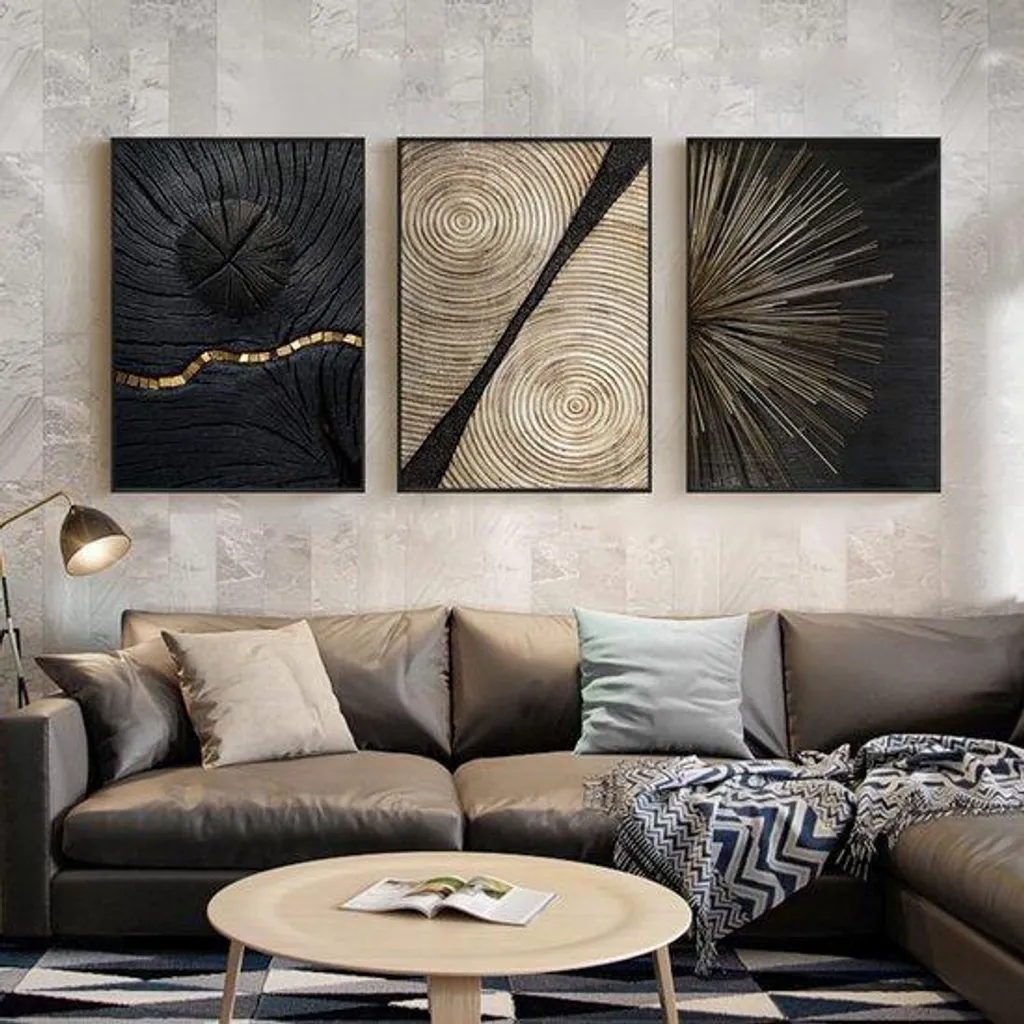 Décoration Murale en Toile Or et Noir - Set de 3 Panneaux Design Chic