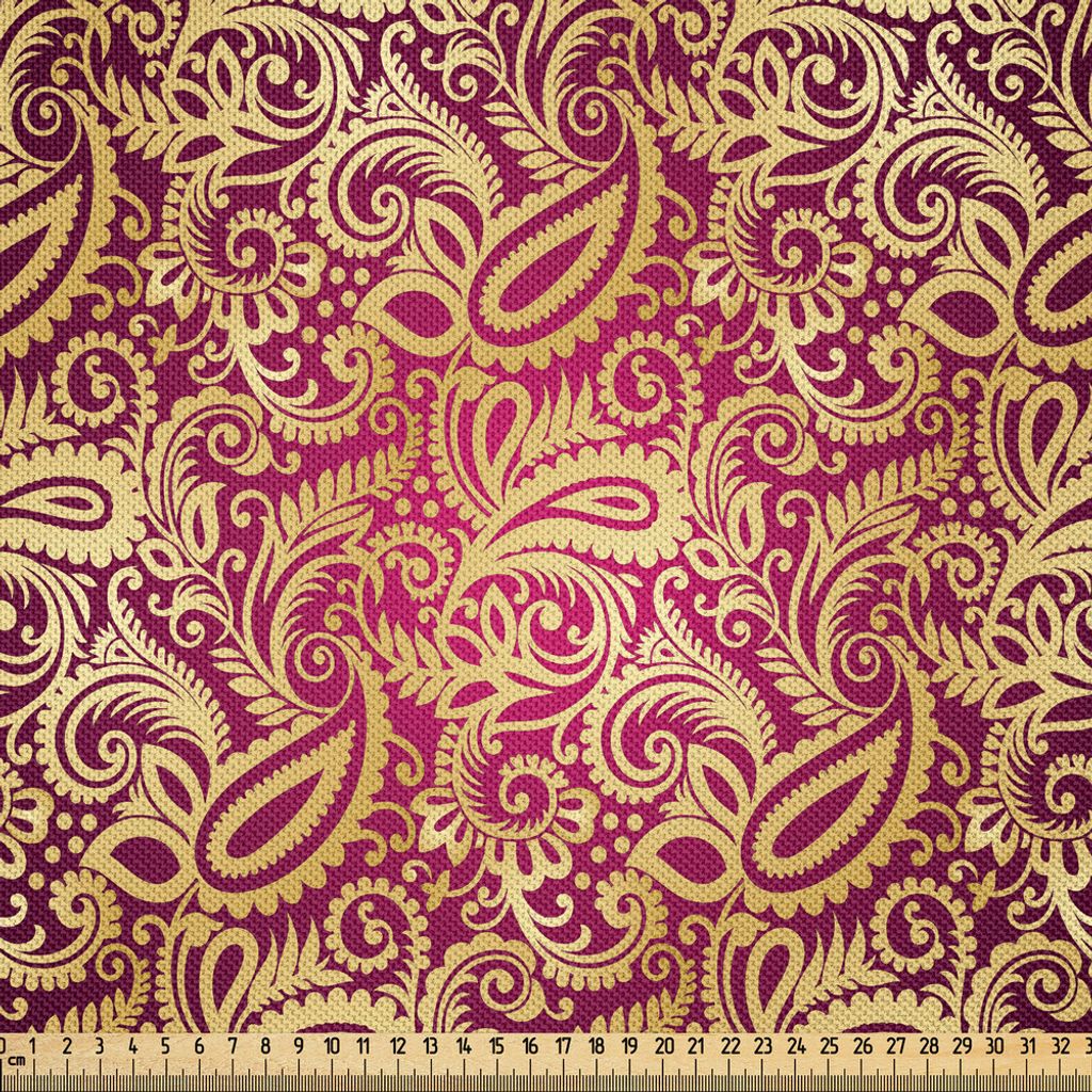 ABAKUHAUS Gelbes Damast Satin Stoff als Meterware, Ost-orientalische Art-Hand gezeichnetes wiederholendes Paisley-Blatt-Muster, 10 M (148 x 1000 cm...