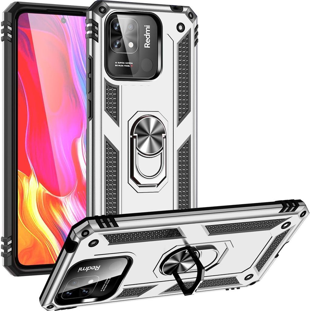 Mobigear Armor Ring Xiaomi Redmi 10C Hülle Hardcase Backcover Stoßfest mit Ringhalter - Silber