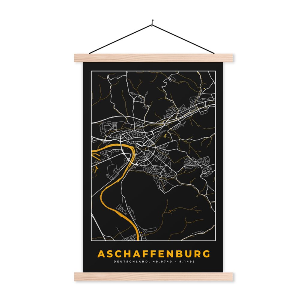 MuchoWow Textilposter Gold - Deutschland - Karte - Stadtplan - Aschaffenburg 120x180 cm mit holzfarbenen Rahmen - Textil-Plakat
