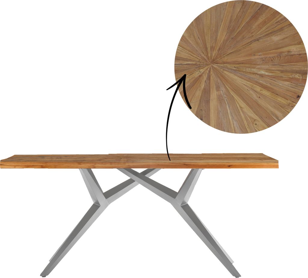 TPFLiving Tisch 160x90 cm Platte recyceltes Teak, Gestell Metall Platte natur, Gestell antiksilber