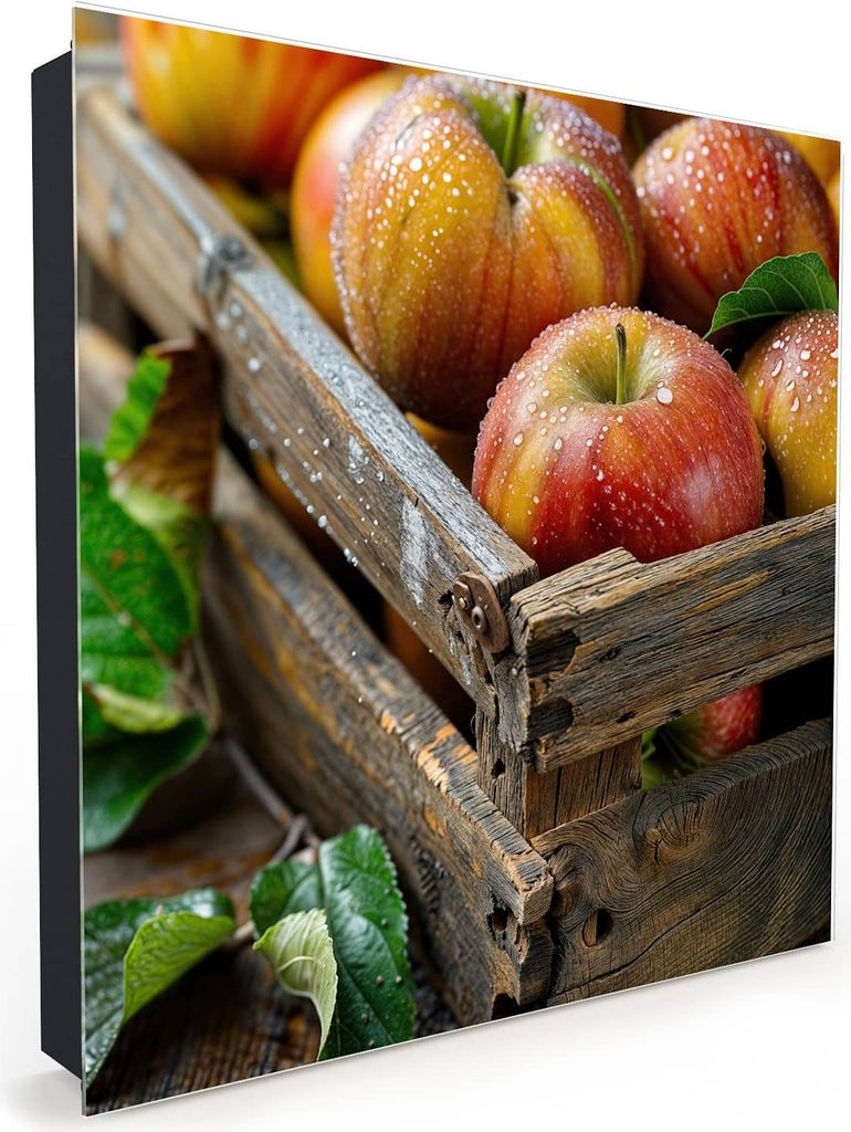 Nachbildung-Schlüsselkasten, Magnetpinnwand und Memoboard mit Glasfront Motiv Äpfel Holzkiste