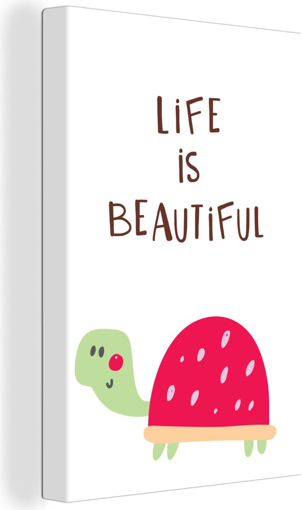 OneMillionCanvasses - Leinwandbilder - 90x140 cm, Illustration mit einer Schildkröte und dem Zitat "Das Leben ist schön"., Wandbilder Kunstdruc...