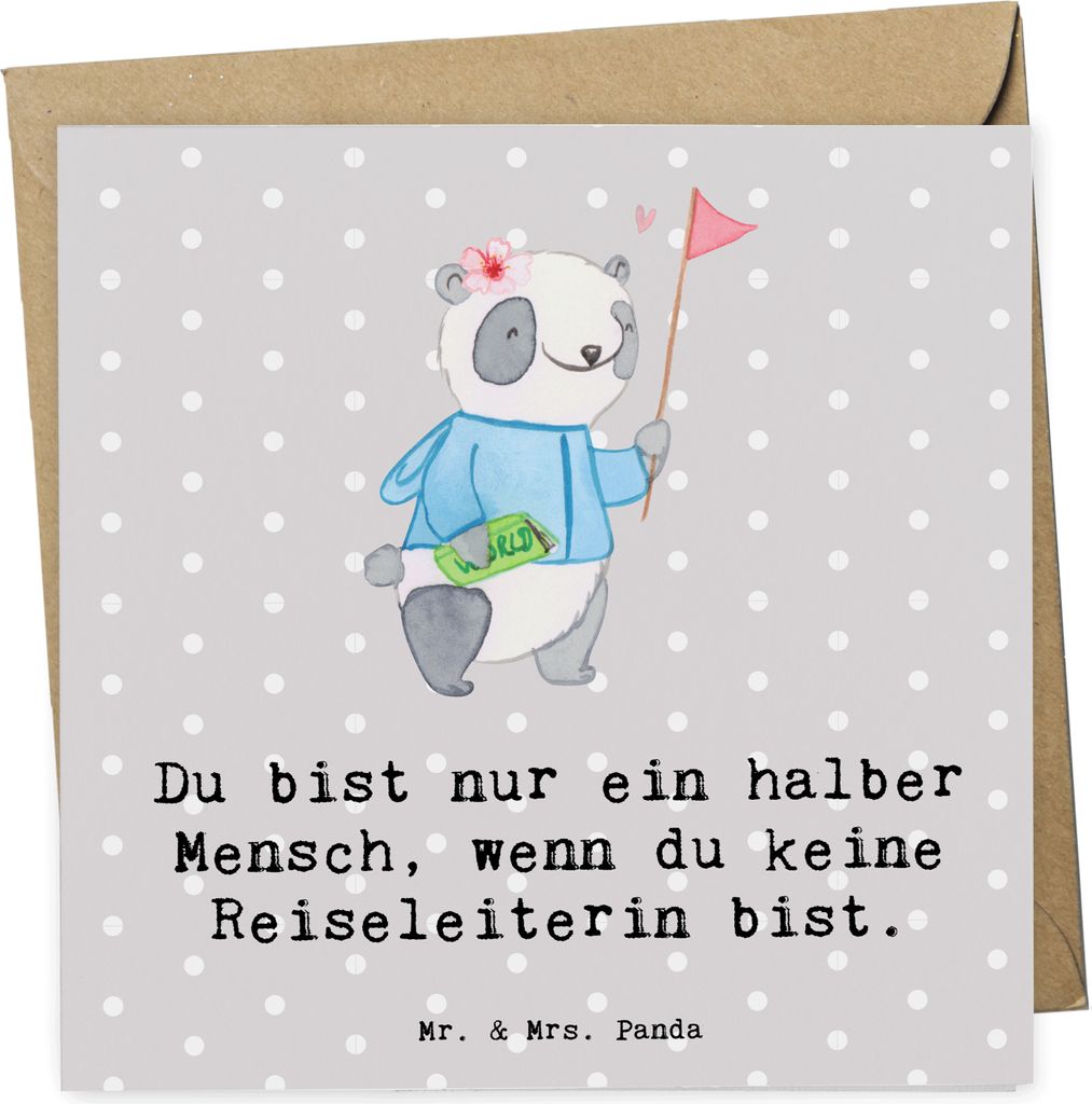 Mr. & Mrs. Panda Grußkarte Reiseleiterin Herz - Grau Pastell - Geschenk, anlasskarte, doppelkarte, faltkarte, Glückwunschkarte, Klappkarte