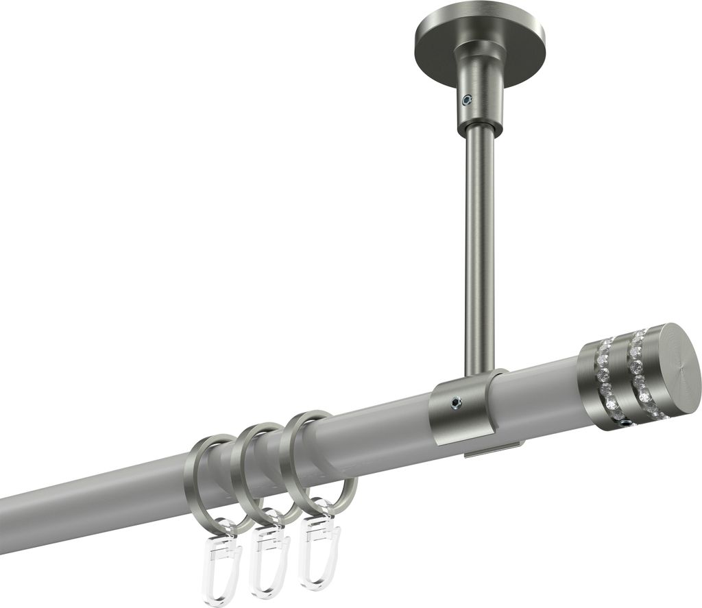 Interdeco Gardinenstange / Vorhangstange Weiß / Edelstahl-Optik, Typ Sonette Estana (Glitzerkappe) Deckenmontage, 20 mm Ø 1-läufig, 120 cm