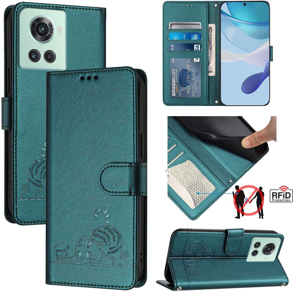 Leder Hülle für OnePlus 10R/OnePlus Ace Süße Katze Flip Case Brieftasche Schutzhülle mit Standfunktion Grün