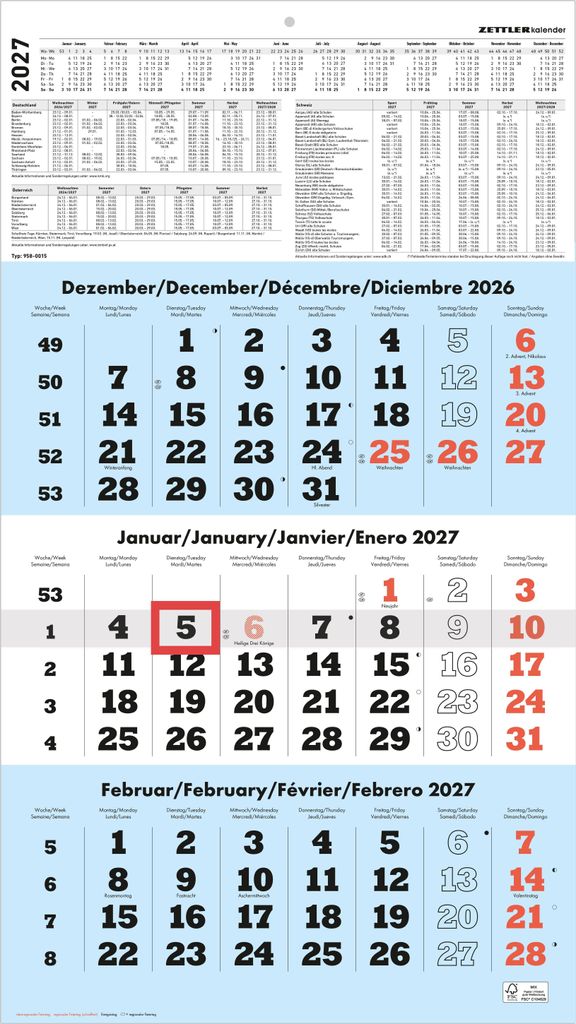 3-Monatskalender blau 2027 Produktbild 
