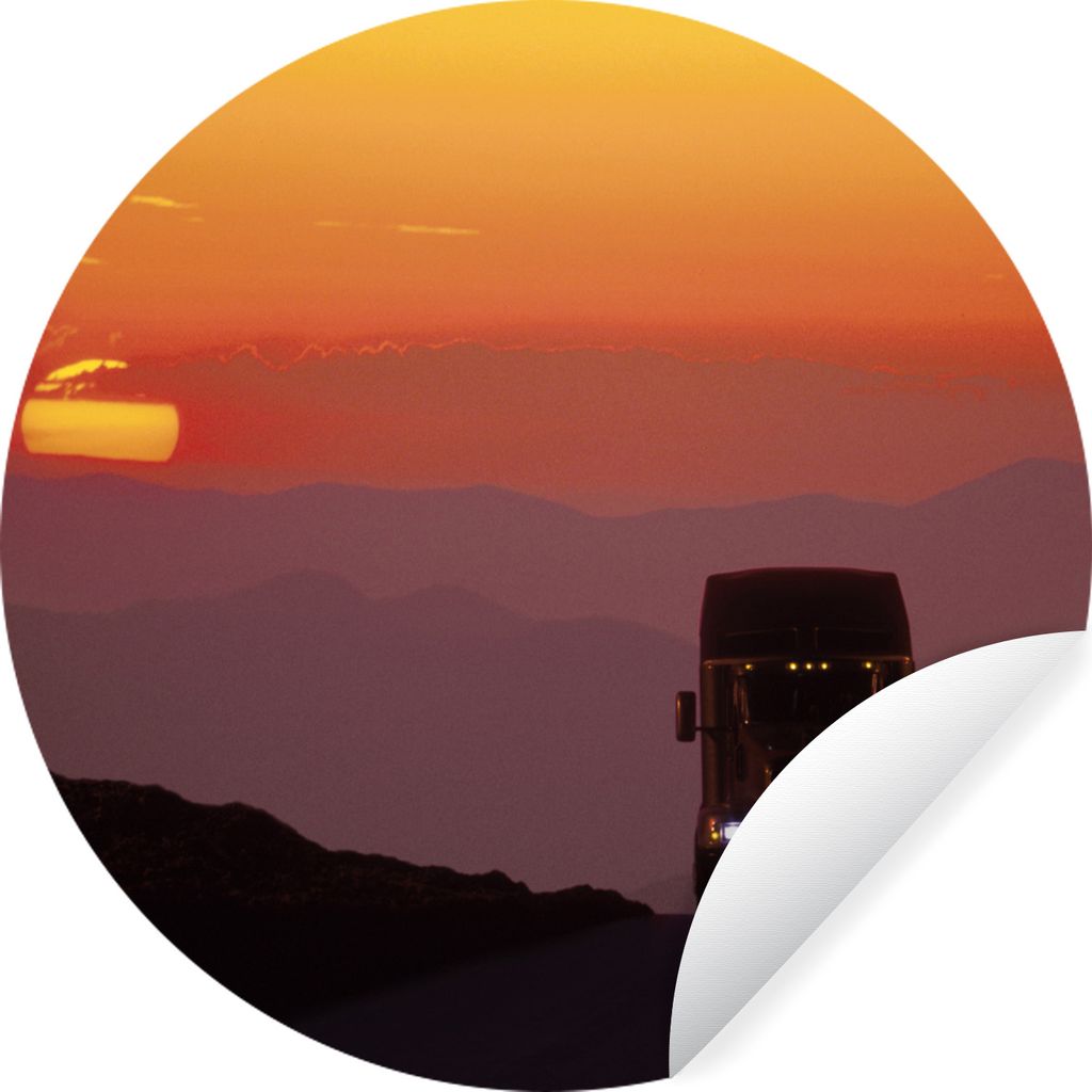 MuchoWow Runde Wandtattoo - Wandsticker Tapete Aufkleber Lkw - Sonnenuntergang - Auto Ø 30 cm Selbstklebend und Repositionierbar - Wandaufkleber...