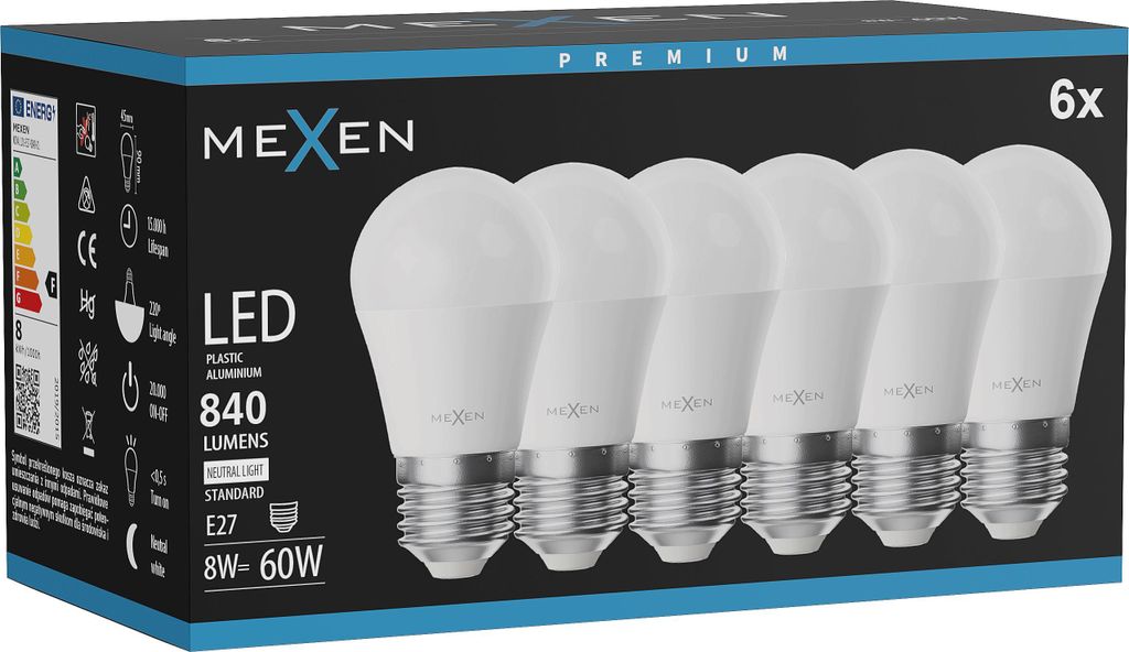 Mexen Nova 6x LED-Glühbirne E27, G45, 8W, Neutral - 4000K, Produktbild 