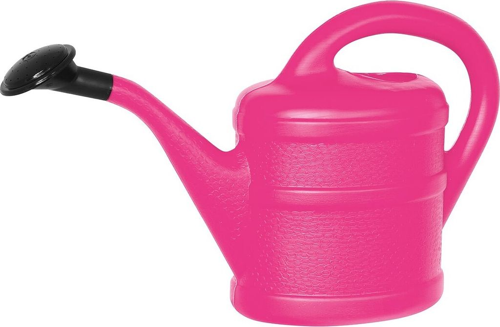 A pink watering can with a black spout is shown against a white background.
