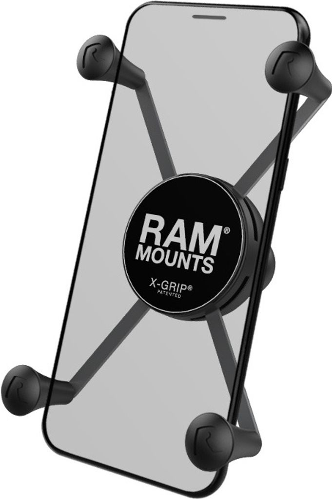 A black RAM MOUNTS X-Grip phone holder is shown holding a transparent smartphone.