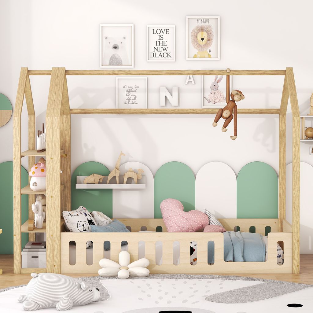 Sweiko 90 x 200cm Kinderbetten, Flachbetten, Hausbetten mit Geländer, Kinderbetten mit 3 Regalen, Natur