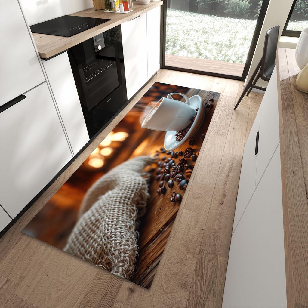 Küchenteppich 90x240cm rutschfest & abwischbar PVC Läufer - Gemütliche Kaffeepause