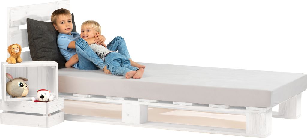 sunnypillow 100x200 cm Palettenbett mit Kopfteil Weiß Massivholzbett Bett aus Paletten Palettenmöbel Fichte europalette Weiss 80 90 100 120 140 1...