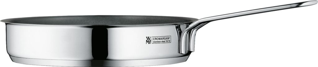 A stainless steel frying pan with a long handle, shown from a side angle against a white background.