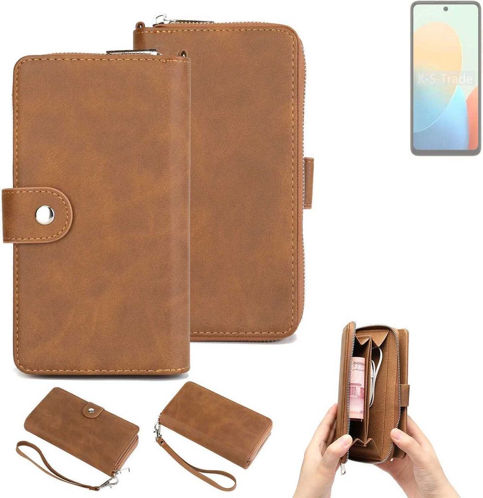 K-S-Trade Handyhülle Schutzhülle kompatibel mit Tecno Pop 8 & Portemonnee Tasche Handytasche Case Etui Geldbörse Wallet braun (1x)