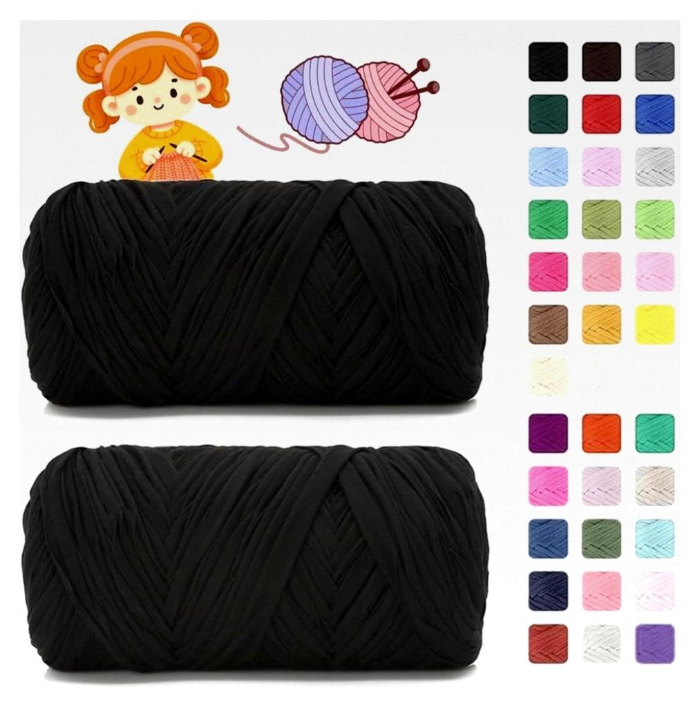 T-Shirt-Garn zum Häkeln und Stricken - je 400g/150m, dickes Häkelgarn für Taschen, Körbe, Teppiche, Heimdekoration (106 Tinte schwarz)