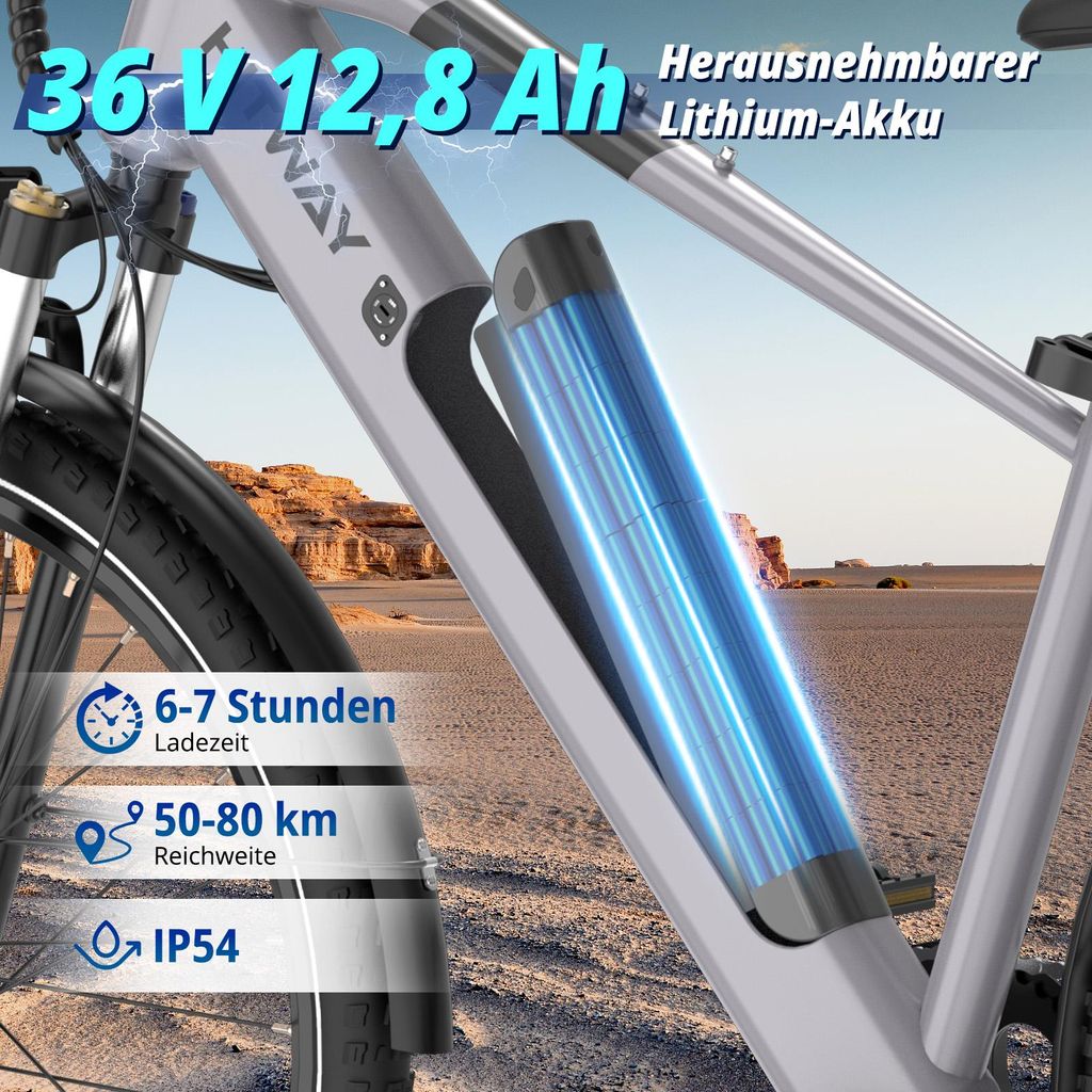 HITWAY 29 Zoll E-Bike Herren – 250W Motor, 36V 12,8Ah Akku, Reichweite 50–80 Km, 7-Gang, APP-Steuerung & Hydraulische Bremsen – MTB & Citybike In Einem