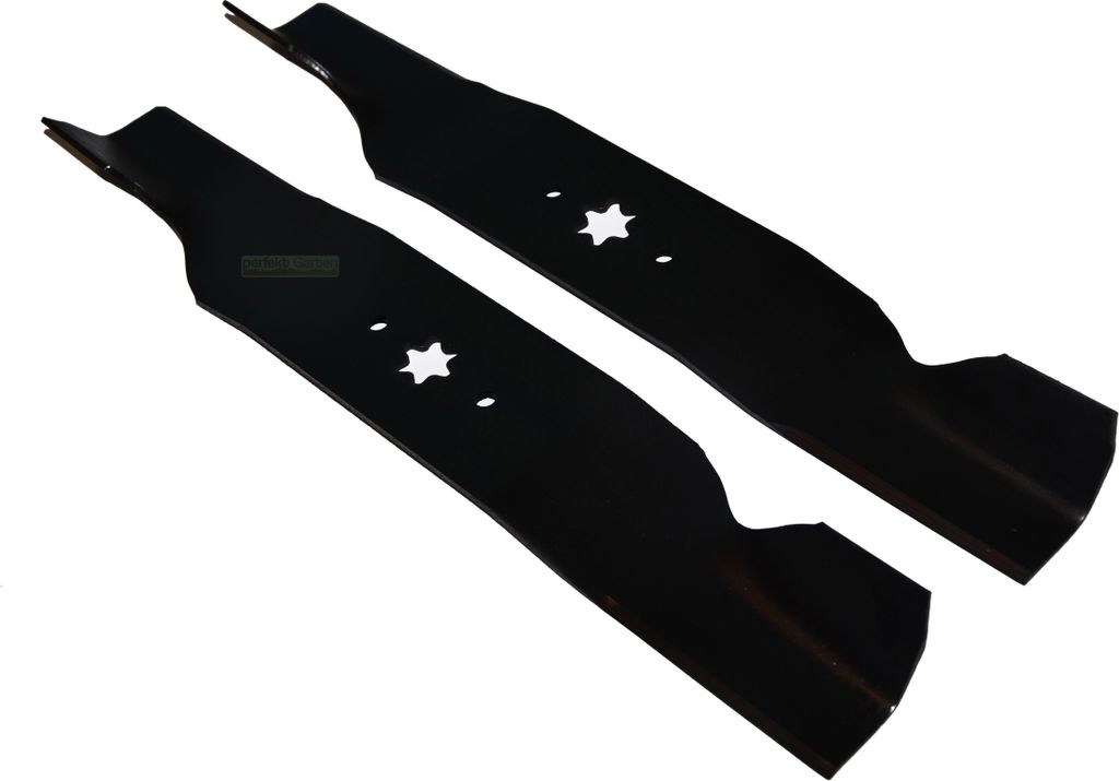 Two black lawn mower blades are shown against a white background.