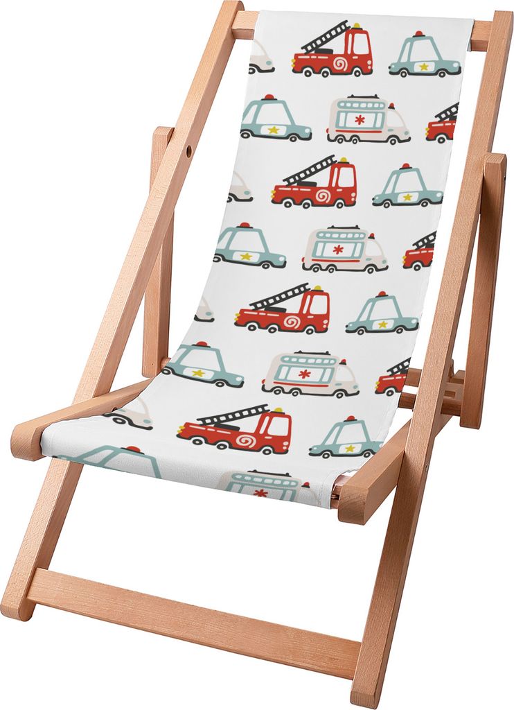 Dreamroots Kinder Liegestuhl klappbar Holz bis zu 130 kg, Sonnenliege klappbar mit 3-stufiger Neigungsregulierung der Rückenlehne, Emergency Vehicles