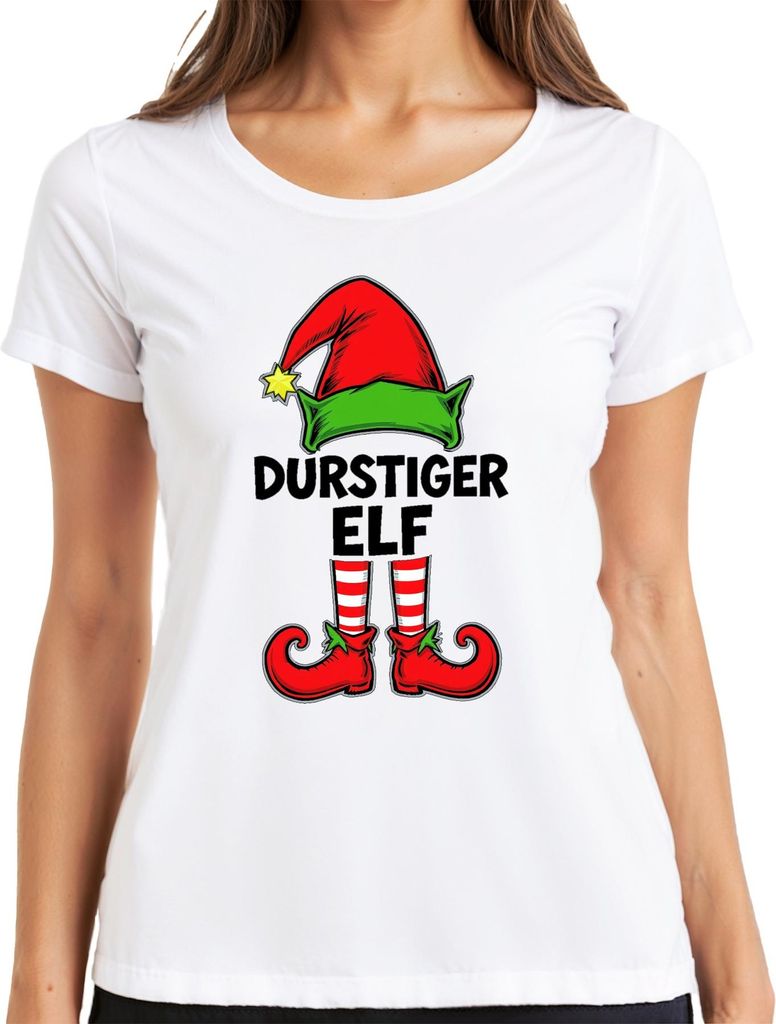 Durstiger Elf Weihnachtsfeier Trinkspiel Bier Party Geschenk Damen T-Shirt, Weiß, M